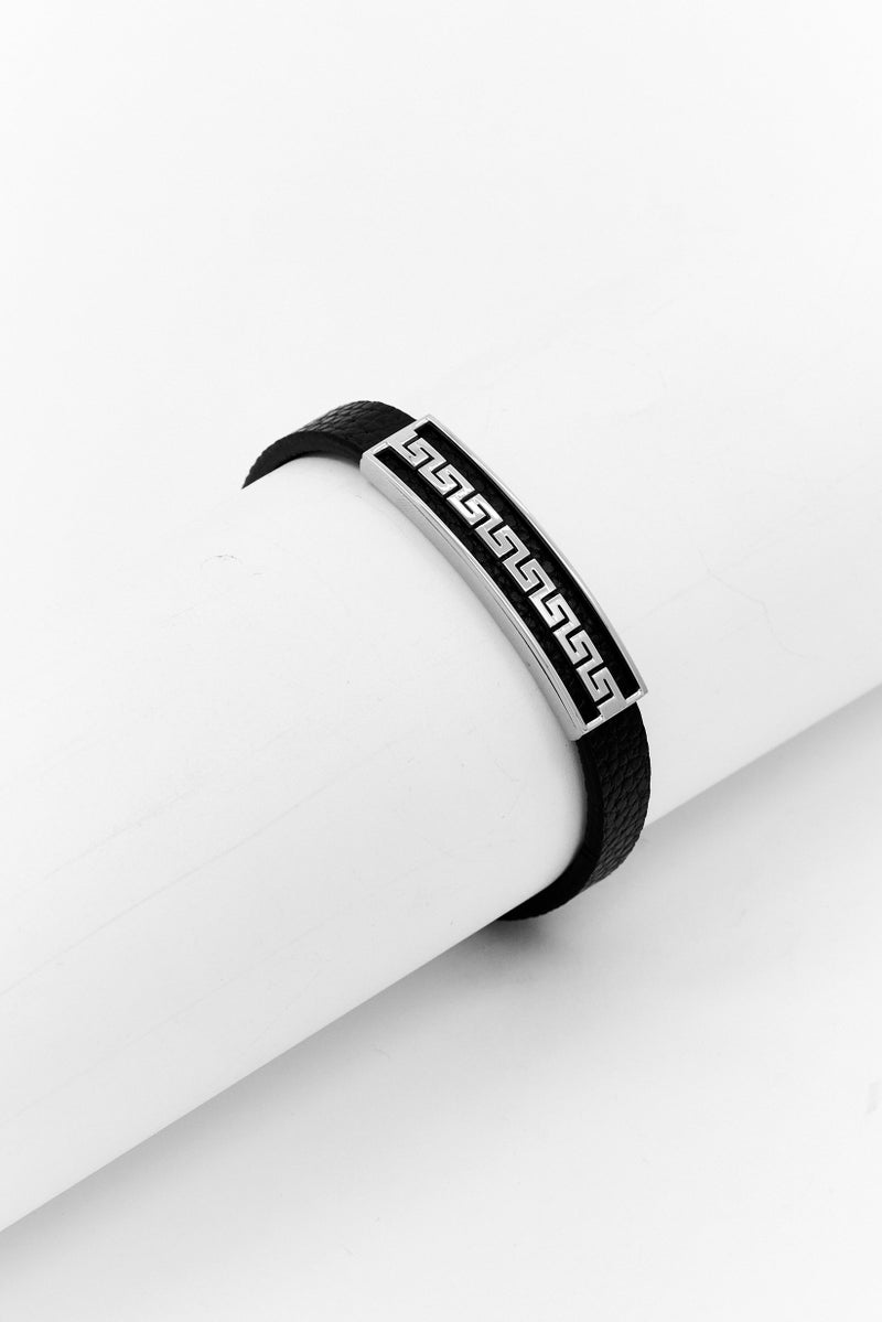 Steeltime Men Leather Id Bracelet With Greek Key Accents, Black - Image 1